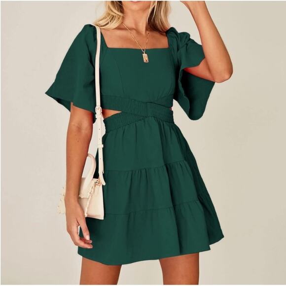 Amazon Green Teal Open Back Side Cut Outs Casual Summer Dress Size M - Picture 2 of 12